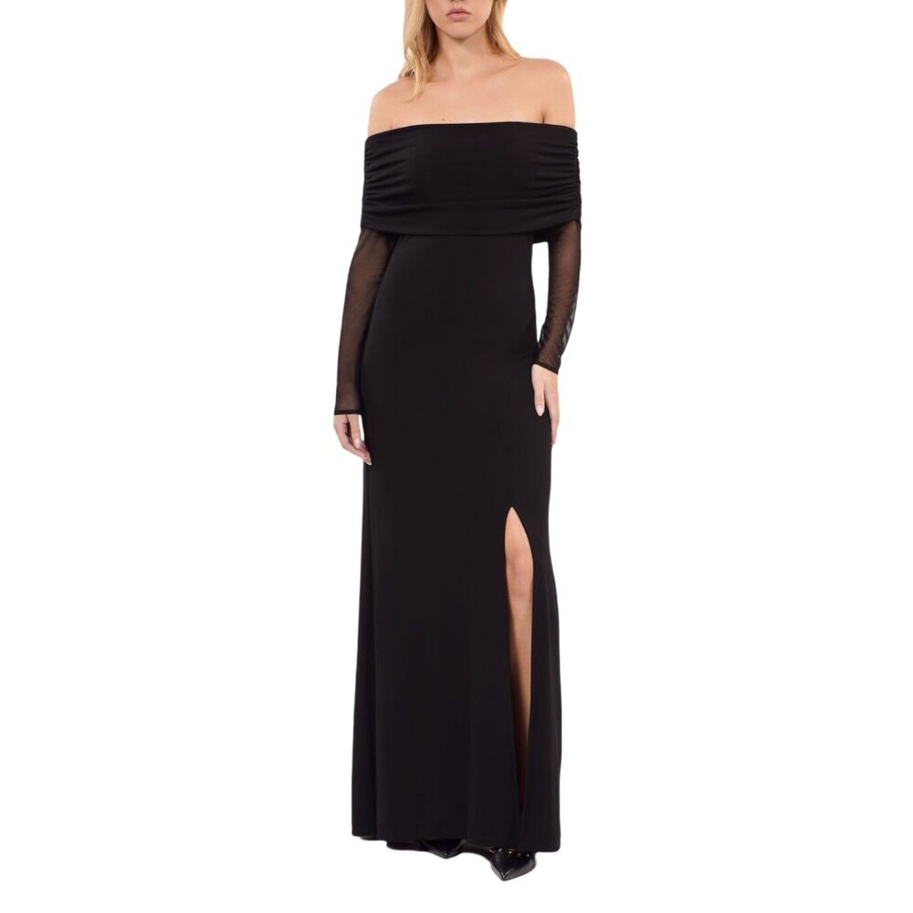 The Kooples Dress Maxi Black Bardot Jersey‎ Formal Tulle Sleeves Side Slit US 8